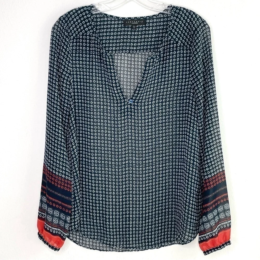SANCTUARY Boho Print Patterned Semi-Sheer Long Sleeve Blouse Women's Small - Picture 1 of 15